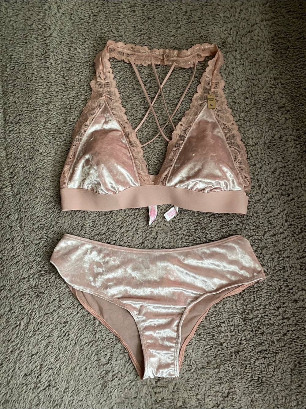 NWT Victoria’s Secret PINK Velvet Lace Bralette & Lingerie Set - Blush Pink